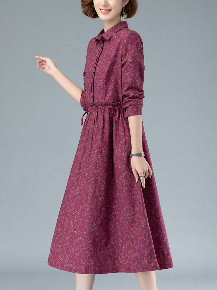 Long-Sleeved Floral Shirt Dress - Elegant & Comfortable Button-Down Dress for Women