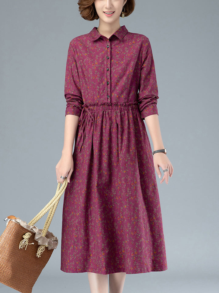 Long-Sleeved Floral Shirt Dress - Elegant & Comfortable Button-Down Dress for Women