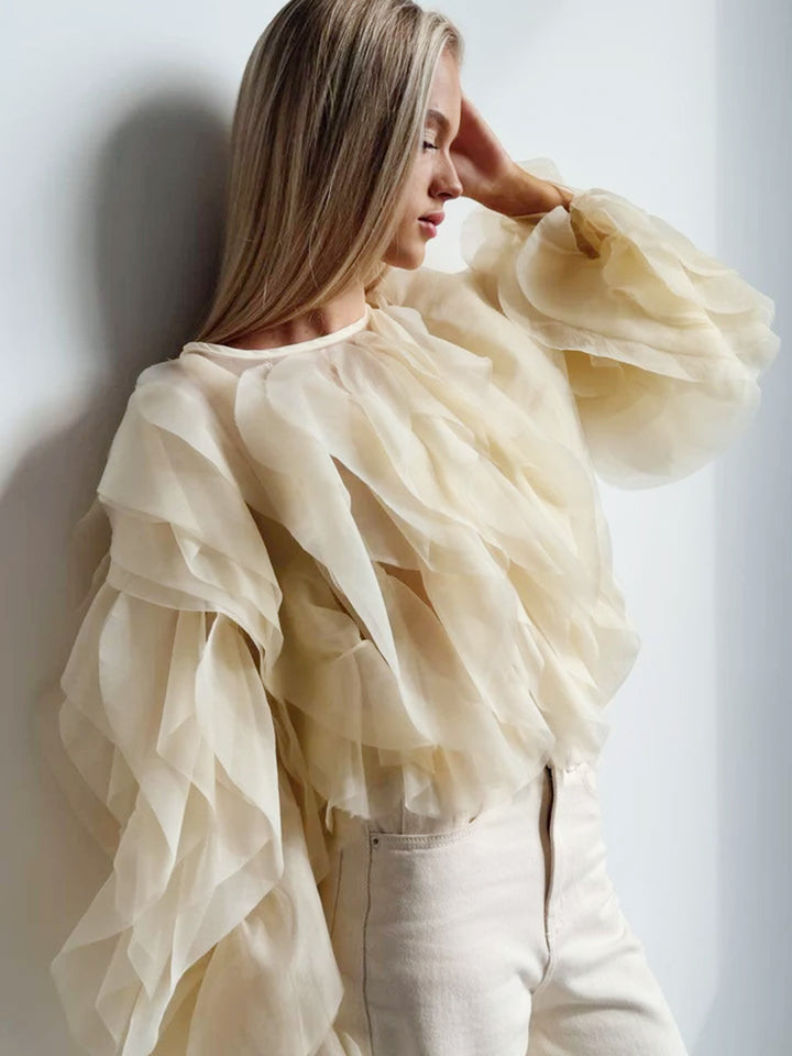 Elegant Organza Ruffle Blouse – Lightweight, Sheer Statement Top for Any Occasion