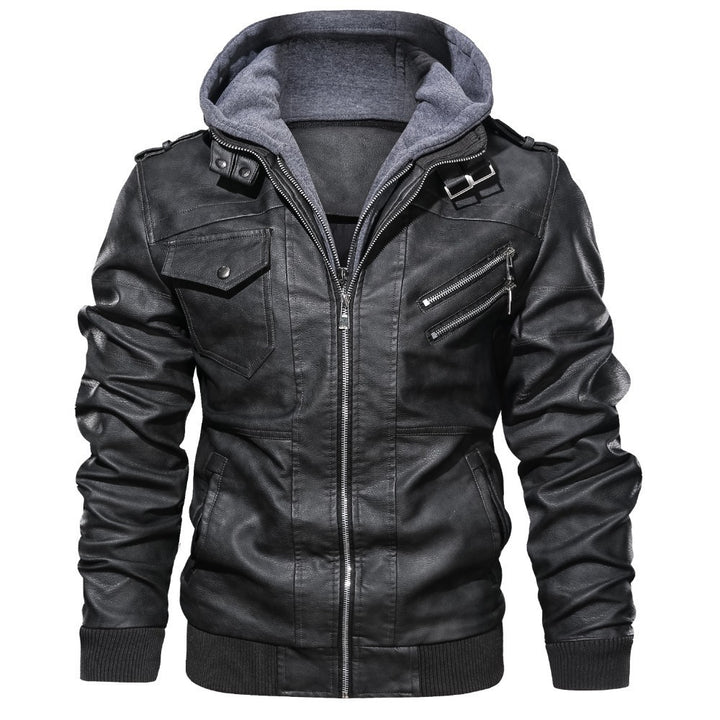 Men's Black Leather Bomber Jacket with Hood – Sleek and Versatile Outerwear