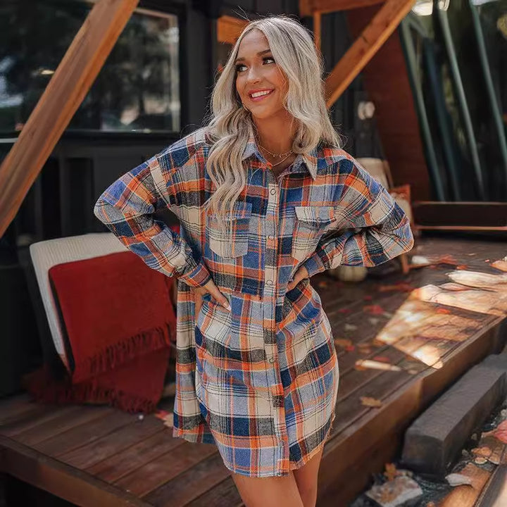 Plaid Cardigan Long-Sleeved Lapel Dress - Stylish & Cozy Fall Essential