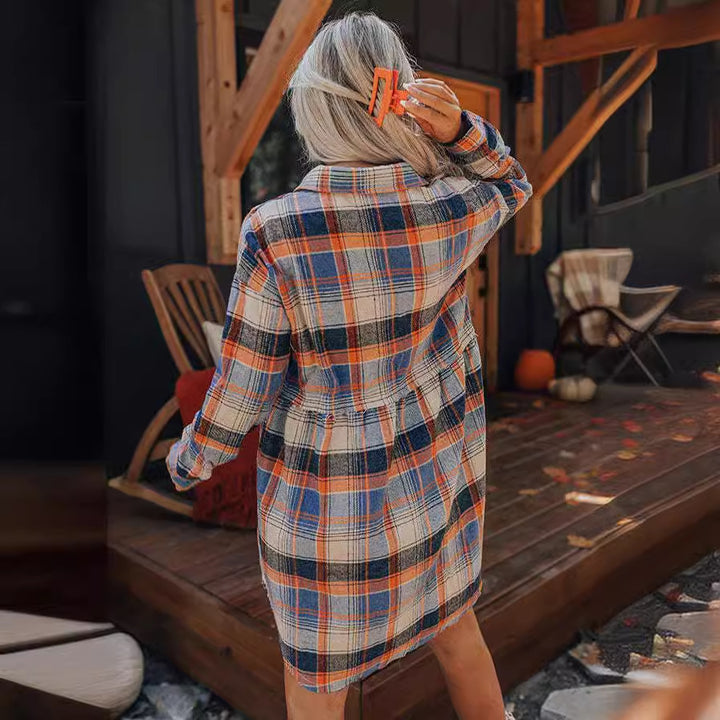 Plaid Cardigan Long-Sleeved Lapel Dress - Stylish & Cozy Fall Essential