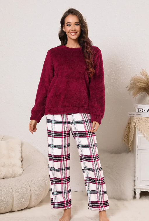 Pink Fuzzy Knit Jumper & Plaid Pants Pajama Set – Cozy Loungewear, Soft & Stylish for Relaxed Comfort