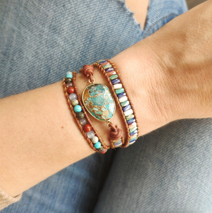 Natural Turquoise & Jasper Wrap Bracelet – Handmade Stone Bracelet for Stylish & Healing Energy