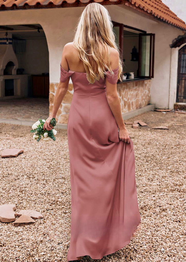 Off-the-Shoulder Stretch Satin Bridesmaid Dress – Sheath/Column Floor-Length with Pleated Detail