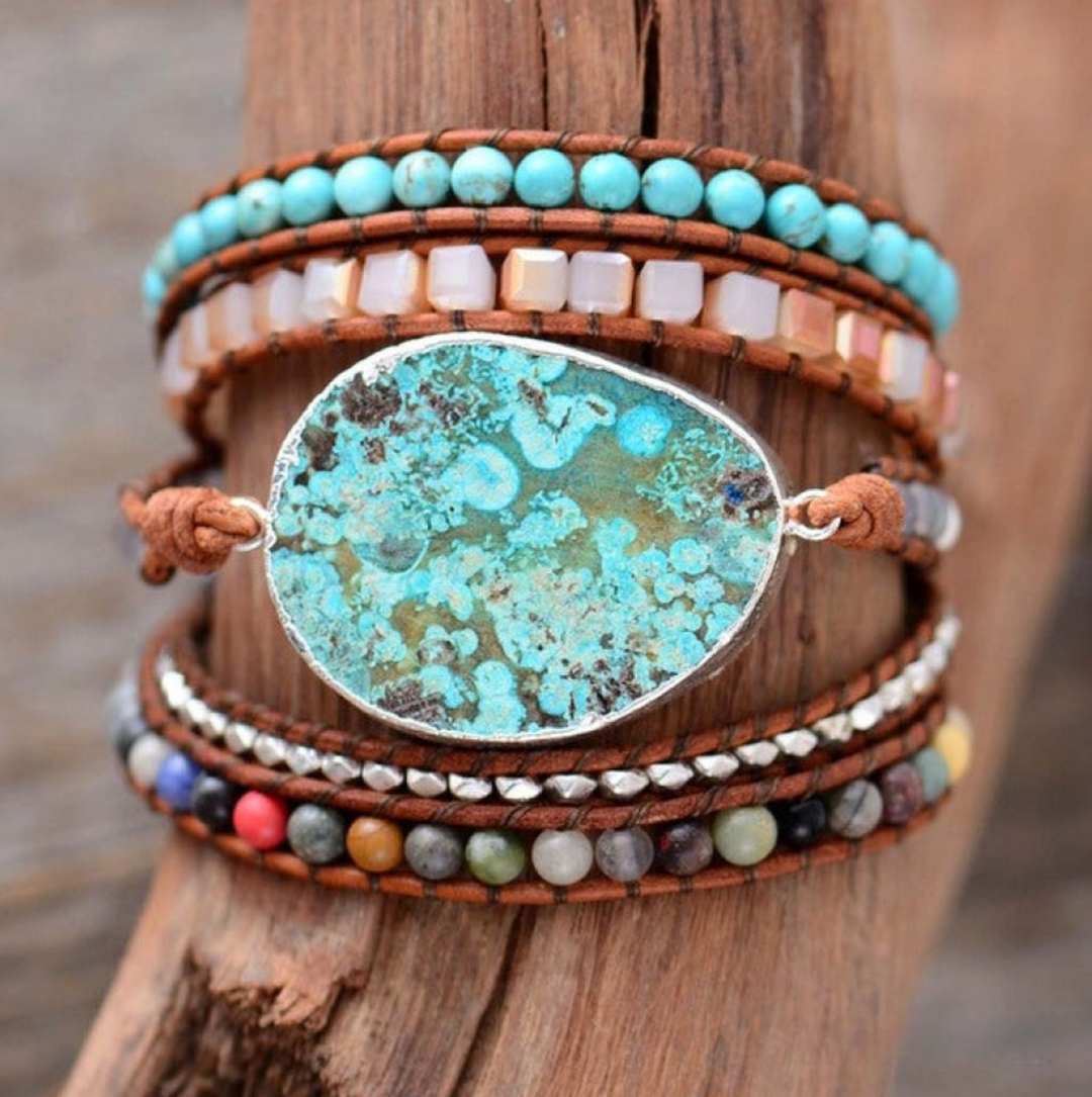 Handmade Natural Ocean Jasper Leather Wrap Bracelet – Unique Gemstone Jewelry