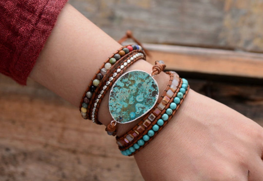 Handmade Natural Ocean Jasper Leather Wrap Bracelet – Unique Gemstone Jewelry