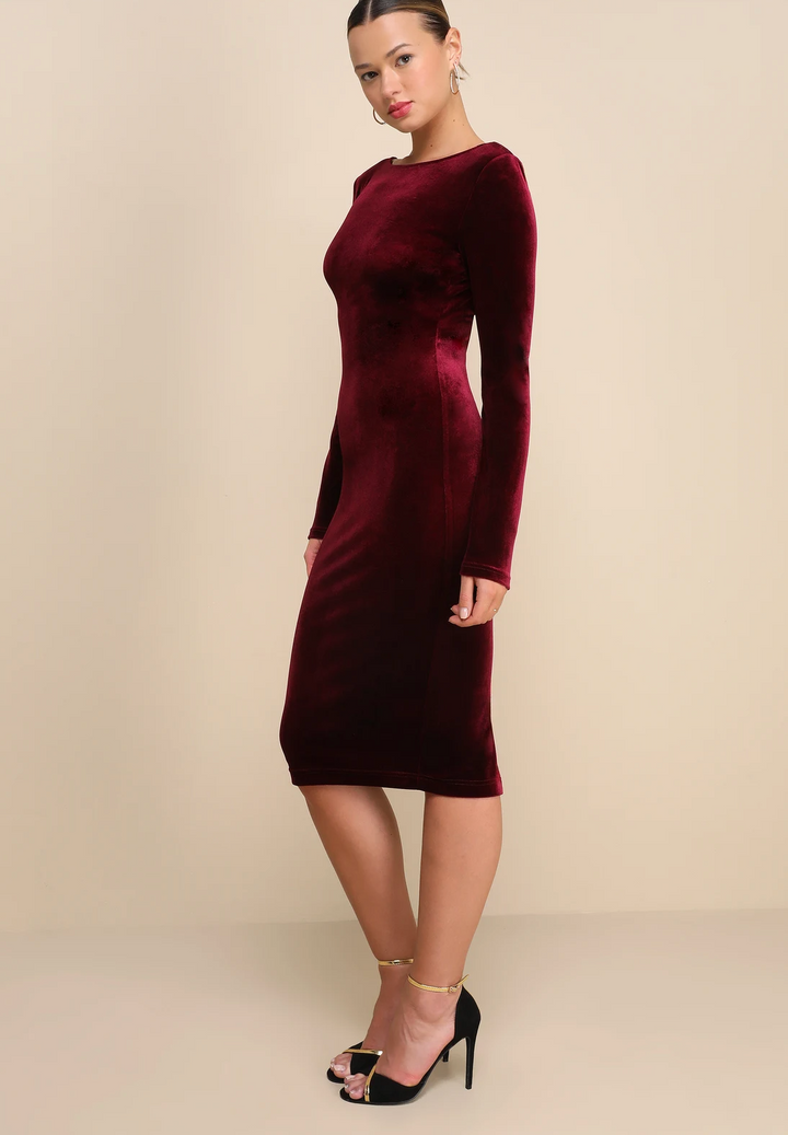 Burgundy Velvet Long Sleeve Midi Dress - Luxurious & Sophisticated Evening Wear