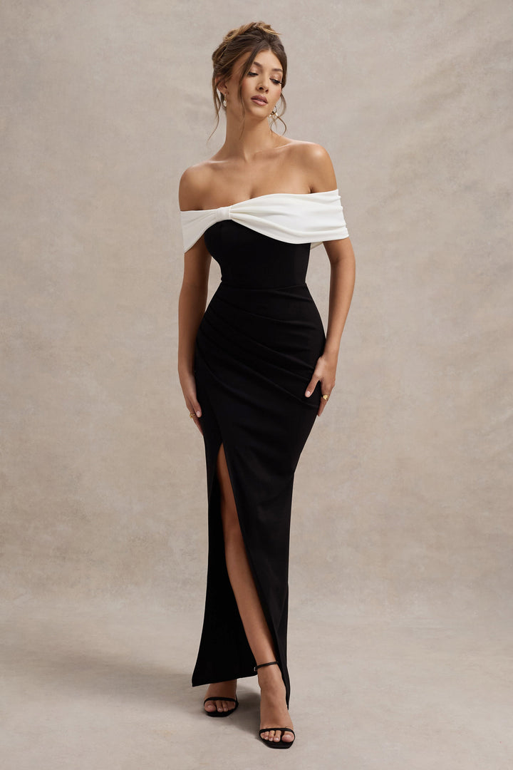 Black & White Bardot Maxi Dress with Bow Detail and Thigh High Split