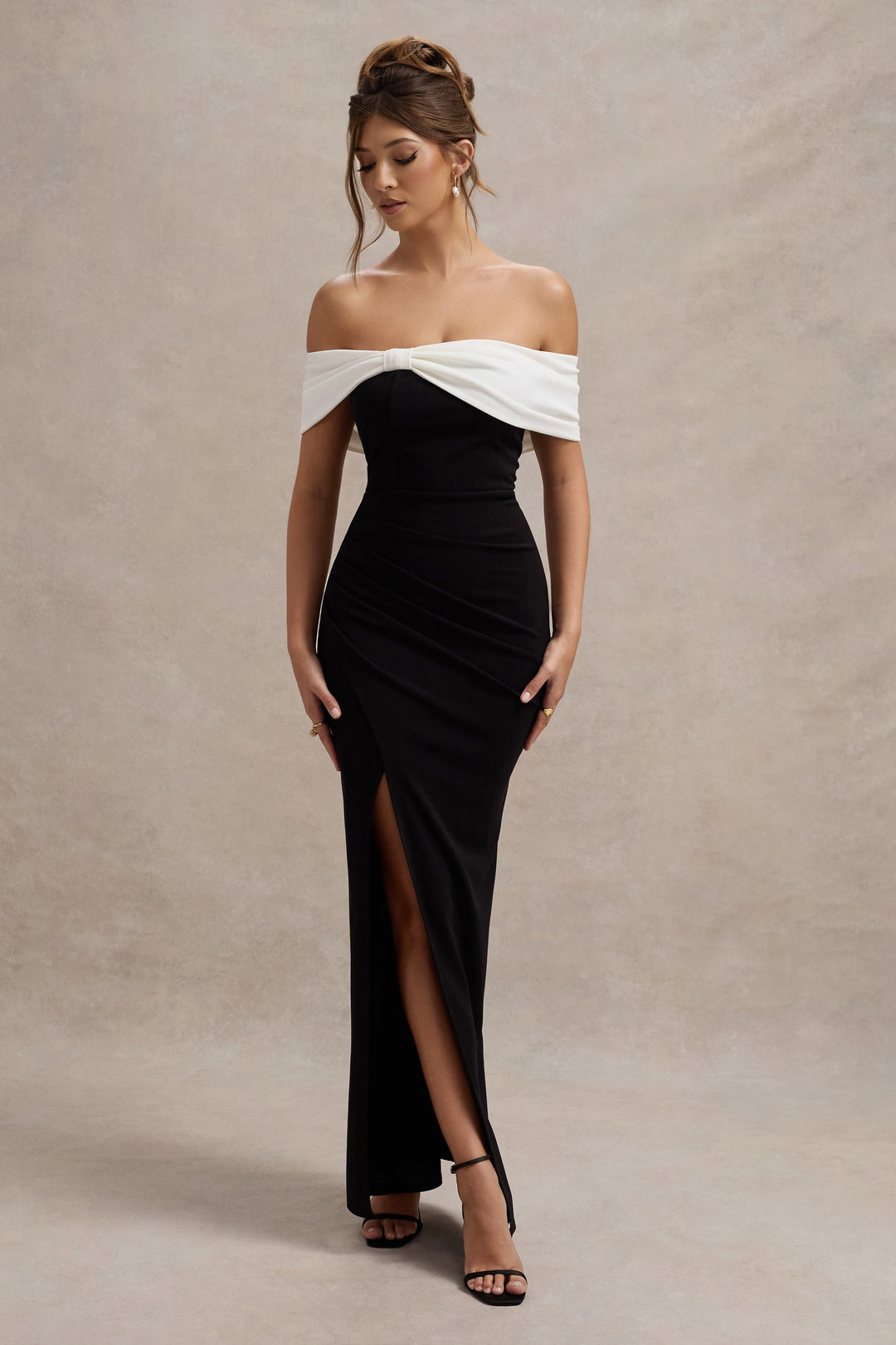 Black & White Bardot Maxi Dress with Bow Detail and Thigh High Split