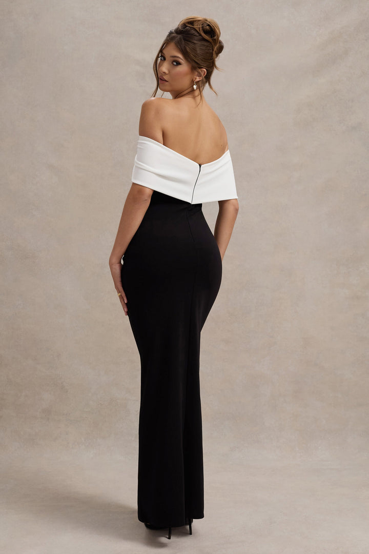 Black & White Bardot Maxi Dress with Bow Detail and Thigh High Split