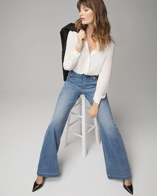 High Rise Soft Wide Leg Jeans with Novelty Buttons - Everyday Comfort & Style