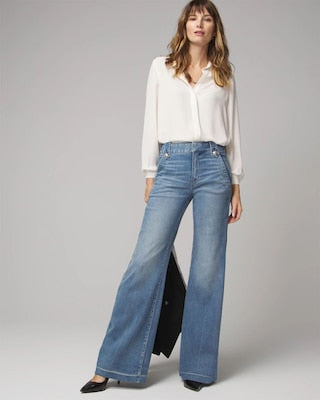 High Rise Soft Wide Leg Jeans with Novelty Buttons - Everyday Comfort & Style