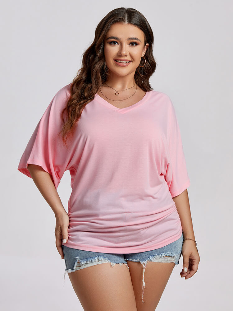 Plus Plain Ruched Batwing Sleeve Tee