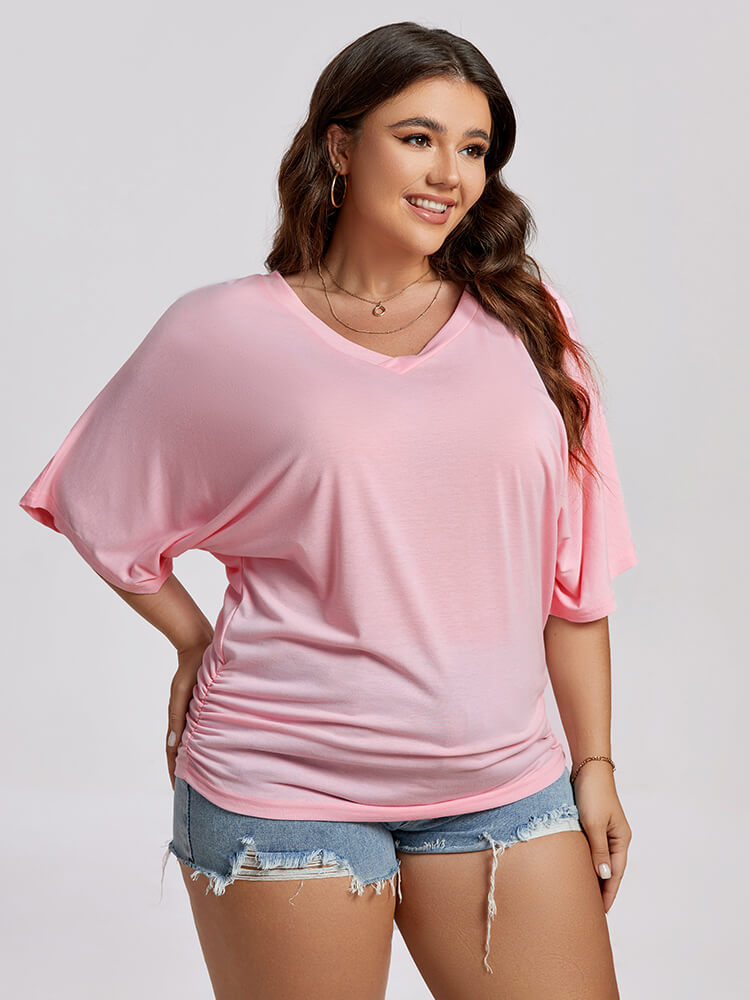 Plus Plain Ruched Batwing Sleeve Tee