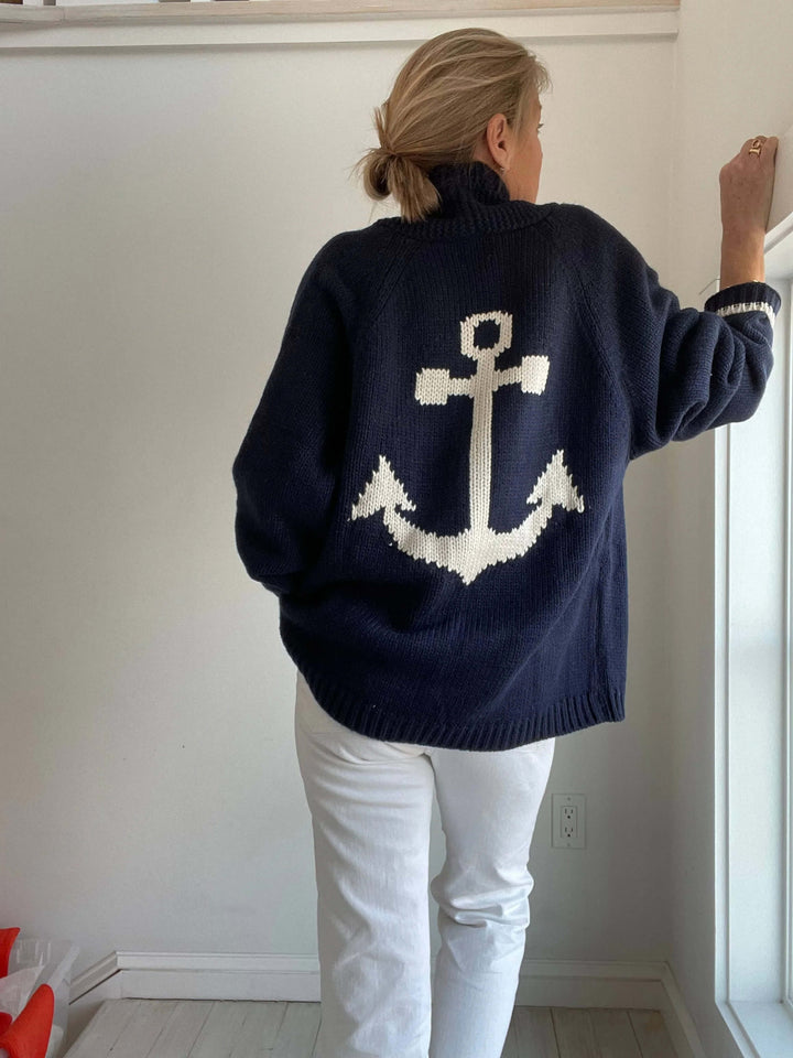 Varsity Chunky Anchor Cardigan-Navy