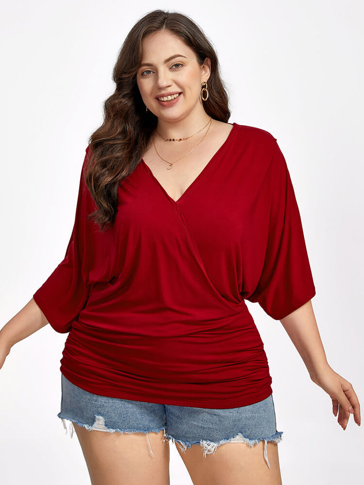 Plus Plain Crisscross V Neck Ruched Hem Tee