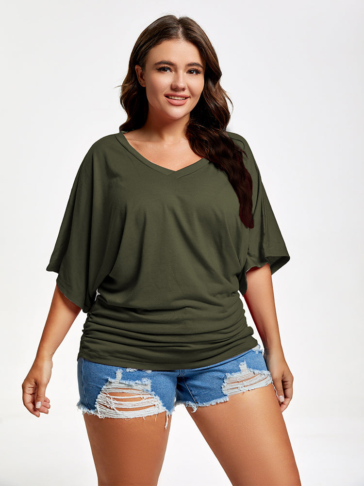 Plus Plain Ruched Batwing Sleeve Tee