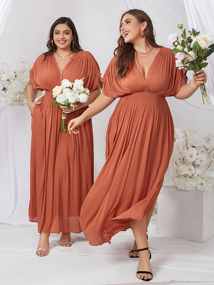 V-Neck Batwing Sleeve Pocket Ruched Waist Maxi Dress