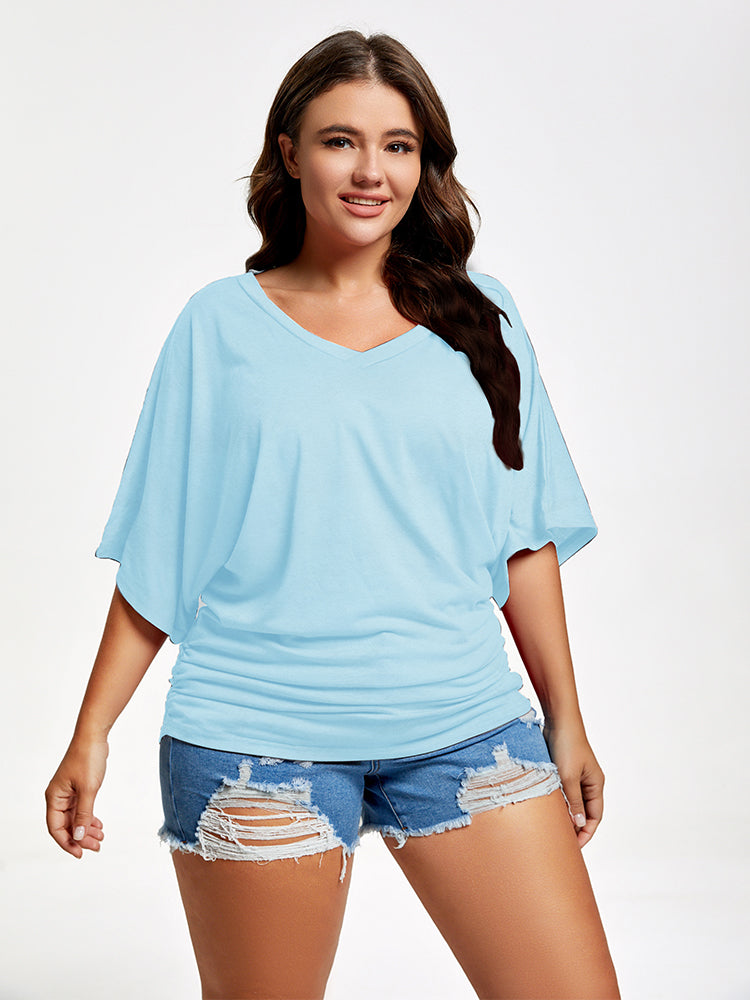 Plus Plain Ruched Batwing Sleeve Tee