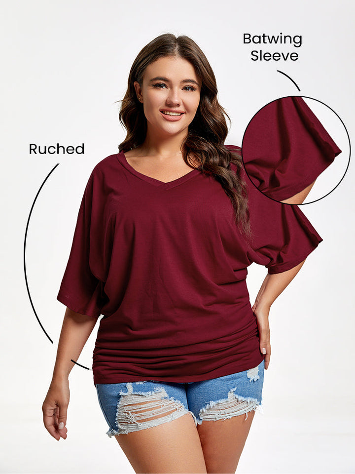 Plus Plain Ruched Batwing Sleeve Tee