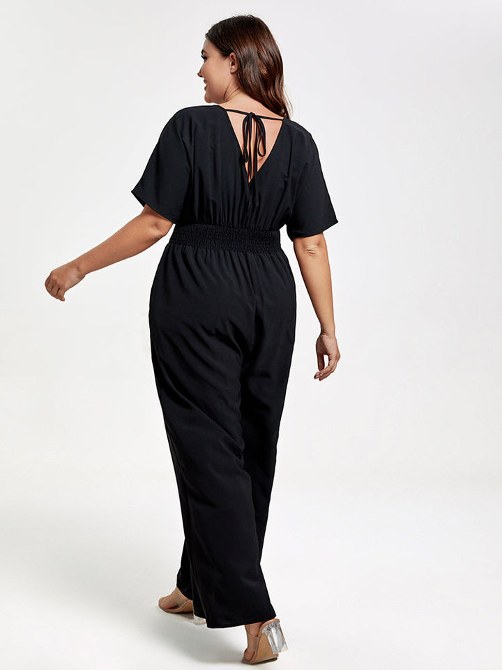 Plus V Neck Dolman Sleeve Pocket Shirred Wide Leg Jumpsuit