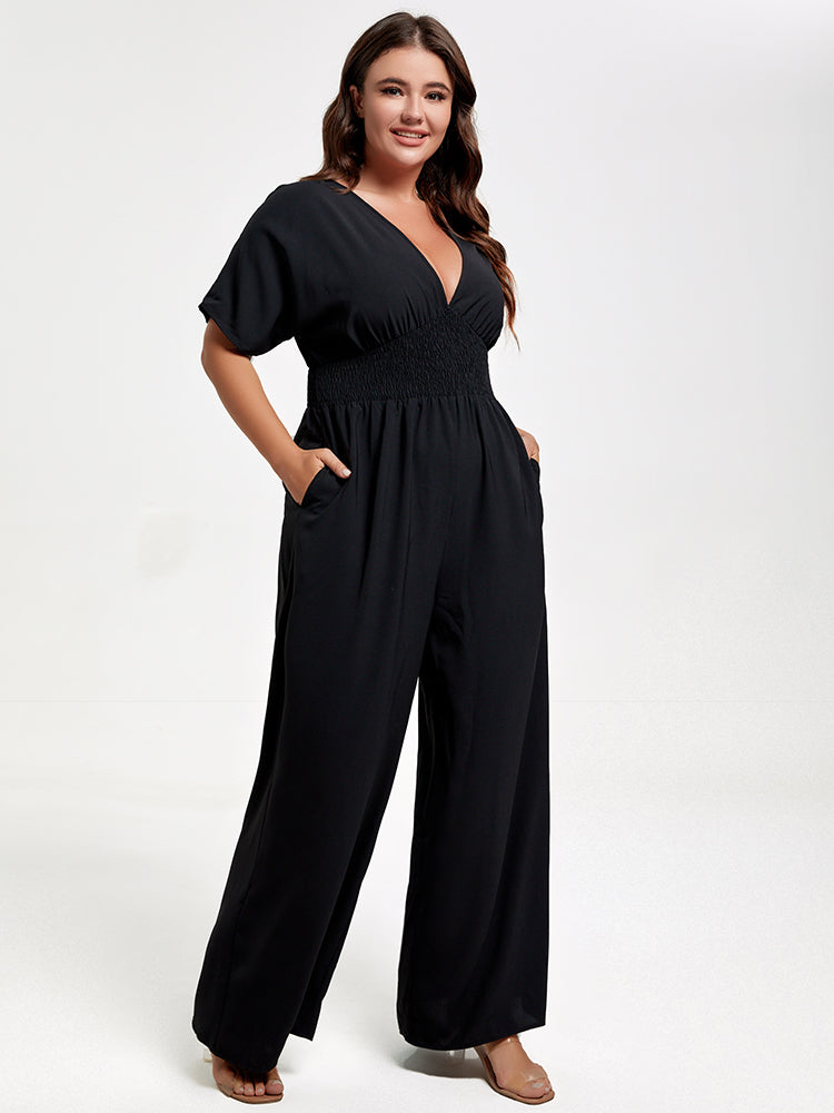 Plus V Neck Dolman Sleeve Pocket Shirred Wide Leg Jumpsuit