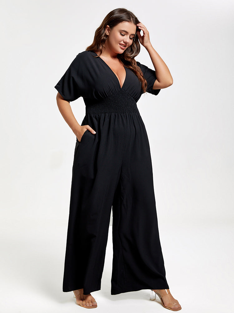 Plus V Neck Dolman Sleeve Pocket Shirred Wide Leg Jumpsuit