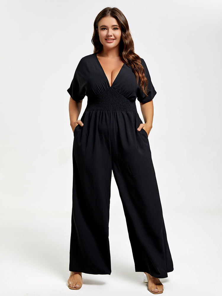 Plus V Neck Dolman Sleeve Pocket Shirred Wide Leg Jumpsuit