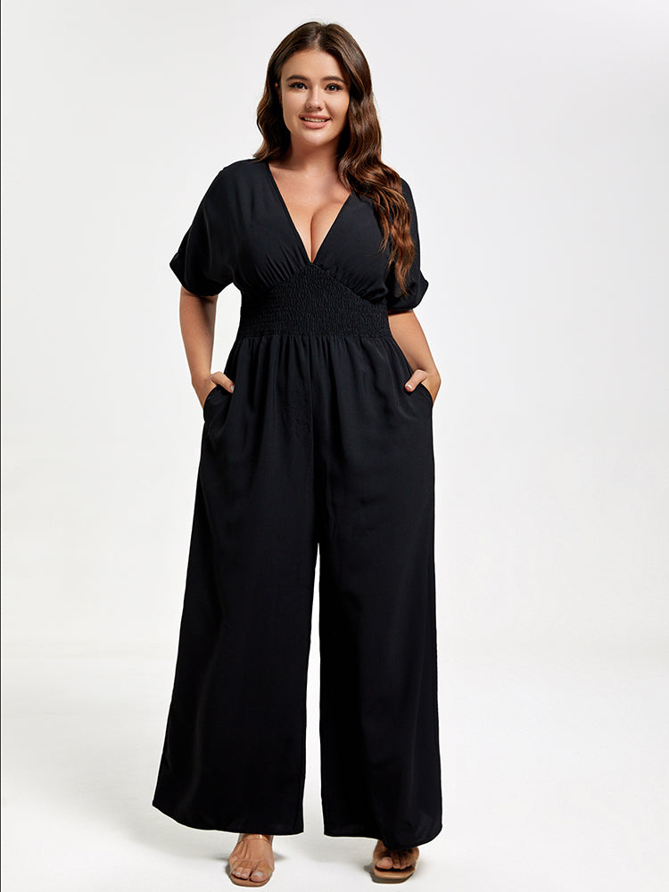 Plus V Neck Dolman Sleeve Pocket Shirred Wide Leg Jumpsuit