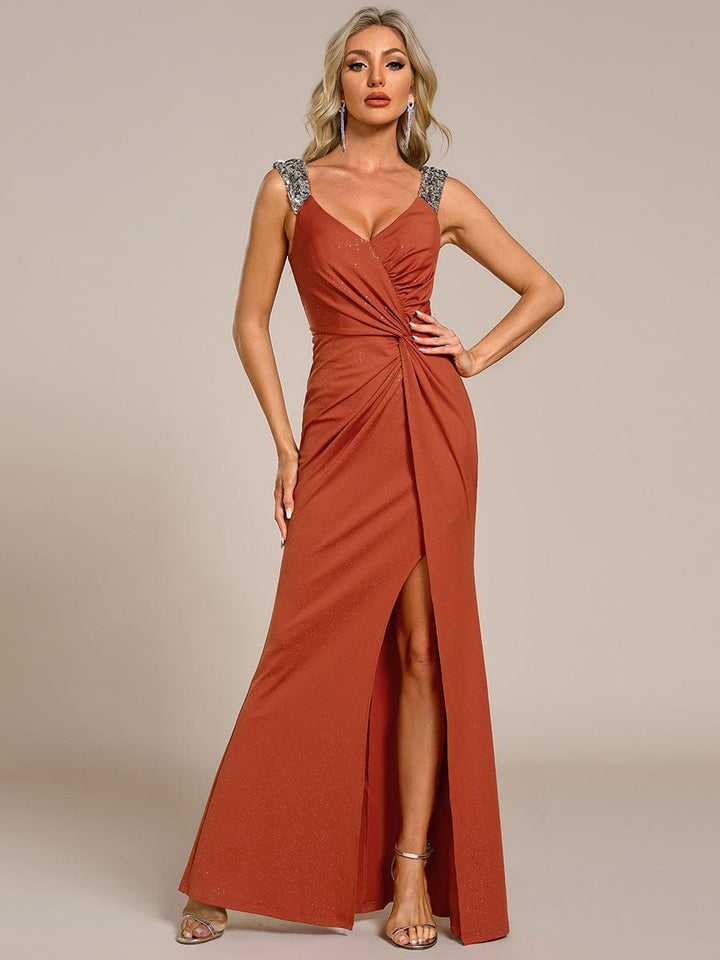 Elegant Sequin V-Neck Evening Gown with High Slit and Sleeveless Design