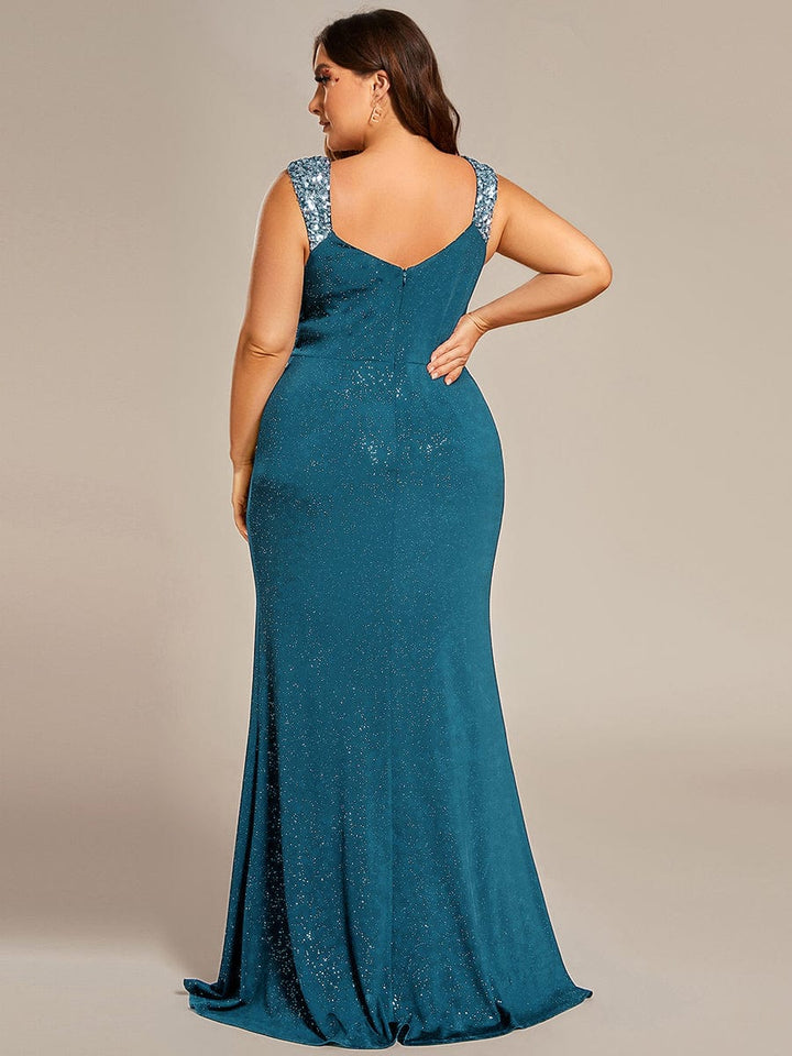 Elegant Sequin V-Neck Evening Gown with High Slit and Sleeveless Design