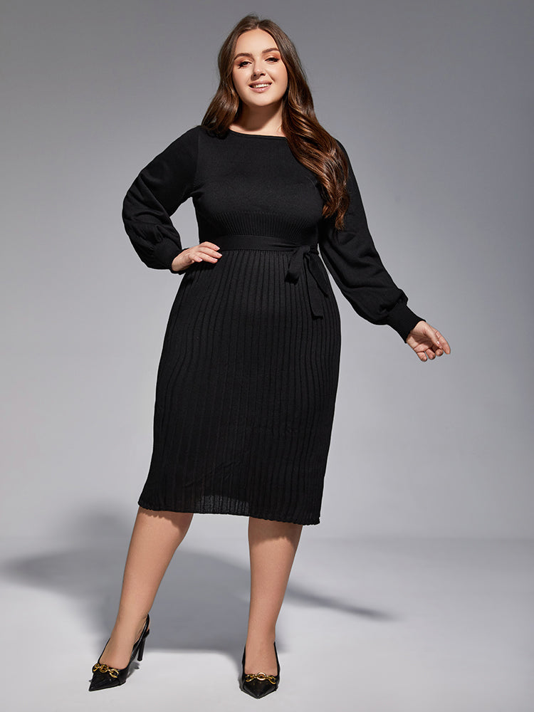 Plus Black Solid Tie Lantern Sleeves Midi Knit Dress