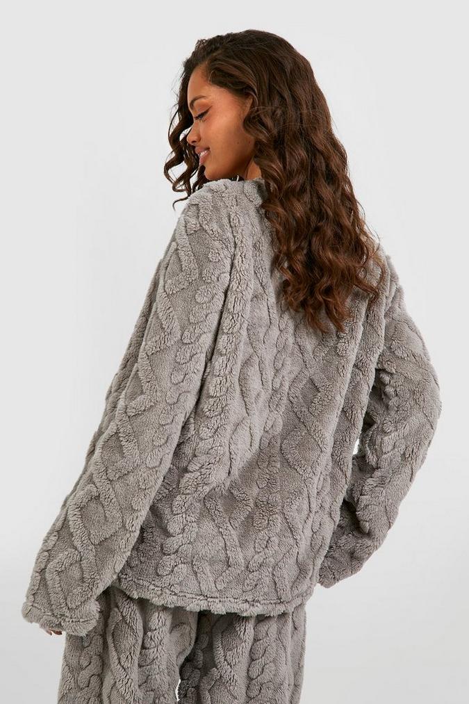 Cozy Cable Knit Fleece Lounge Sweatshirt – Soft and Warm Loungewear Top for Women