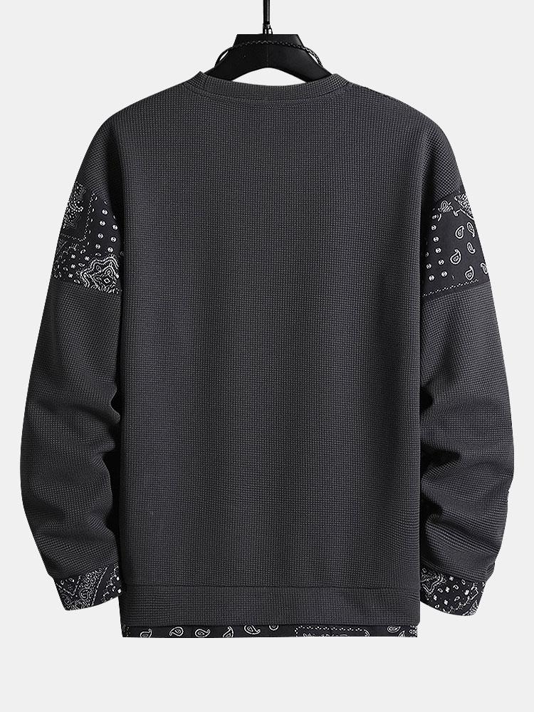 Paisley Print Panel Waffle Sweatshirt