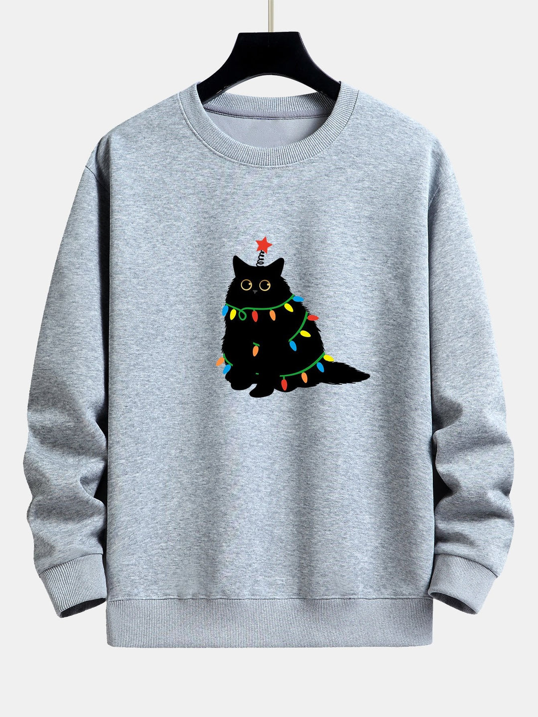 Christmas Lights Black Cat Print Relax Fit Sweatshirt