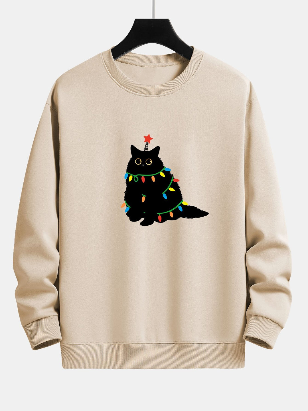 Christmas Lights Black Cat Print Relax Fit Sweatshirt