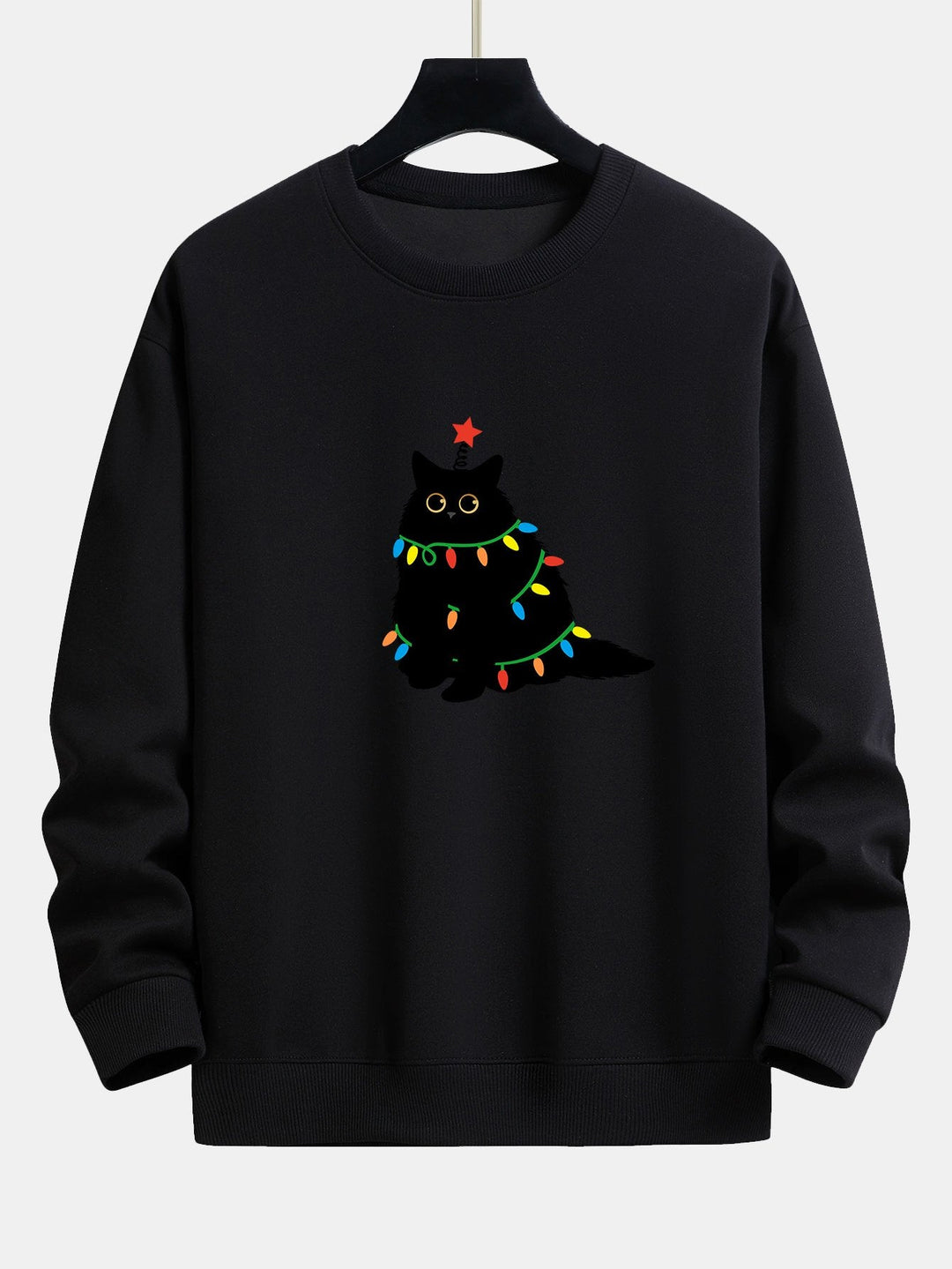 Christmas Lights Black Cat Print Relax Fit Sweatshirt