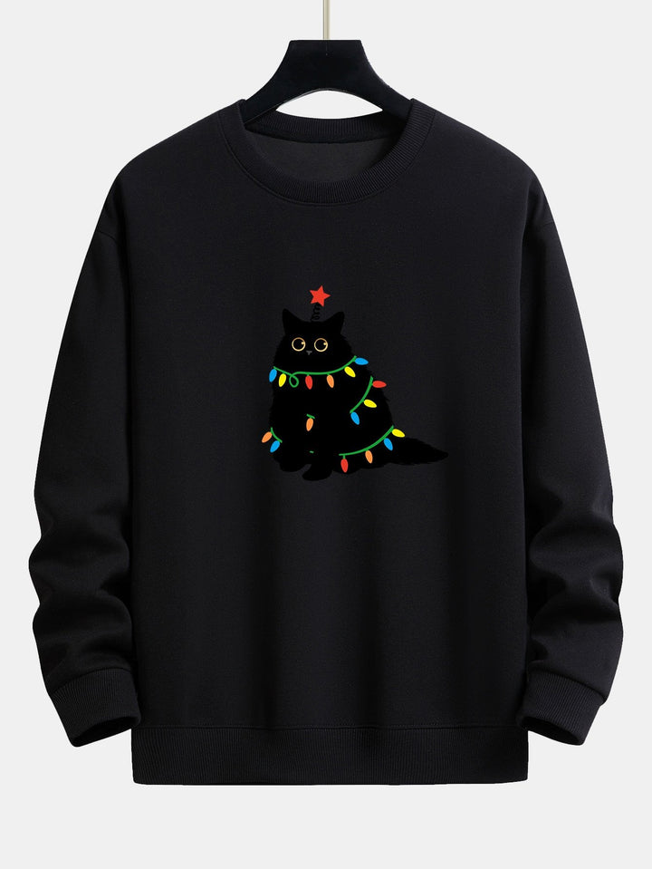 Christmas Lights Black Cat Print Relax Fit Sweatshirt