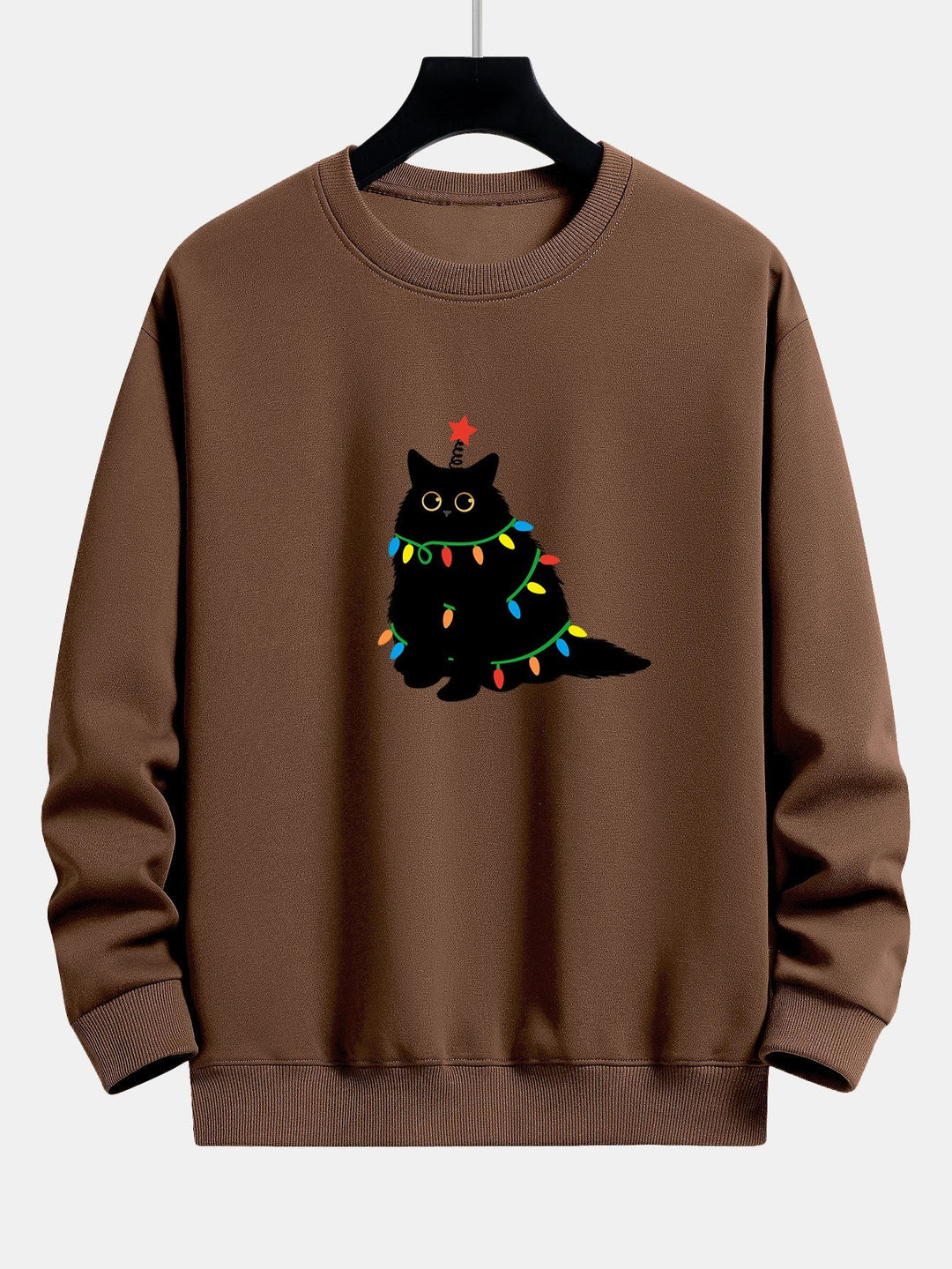 Christmas Lights Black Cat Print Relax Fit Sweatshirt