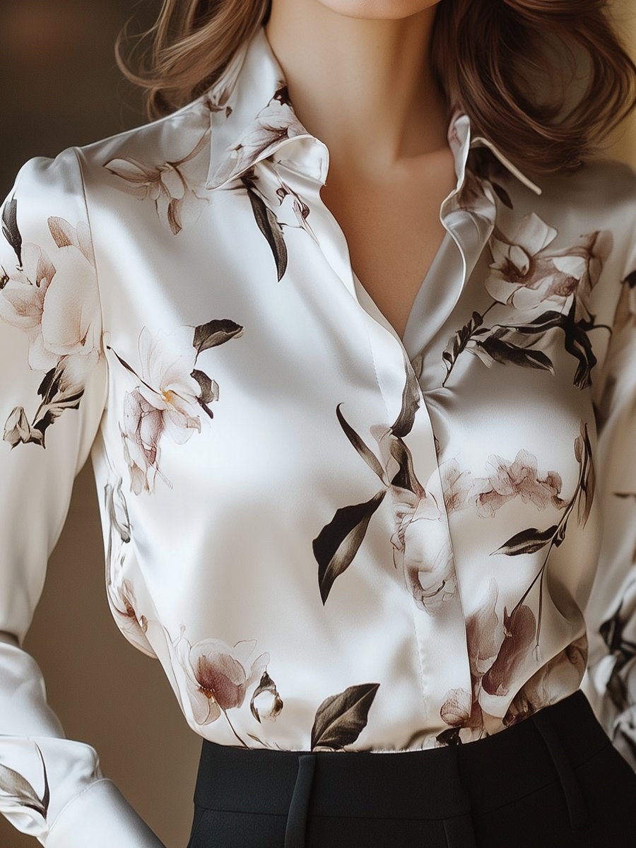 Modern Satin Printed Blouse with Magnolia Pattern - Elegant & Stylish Women's Top