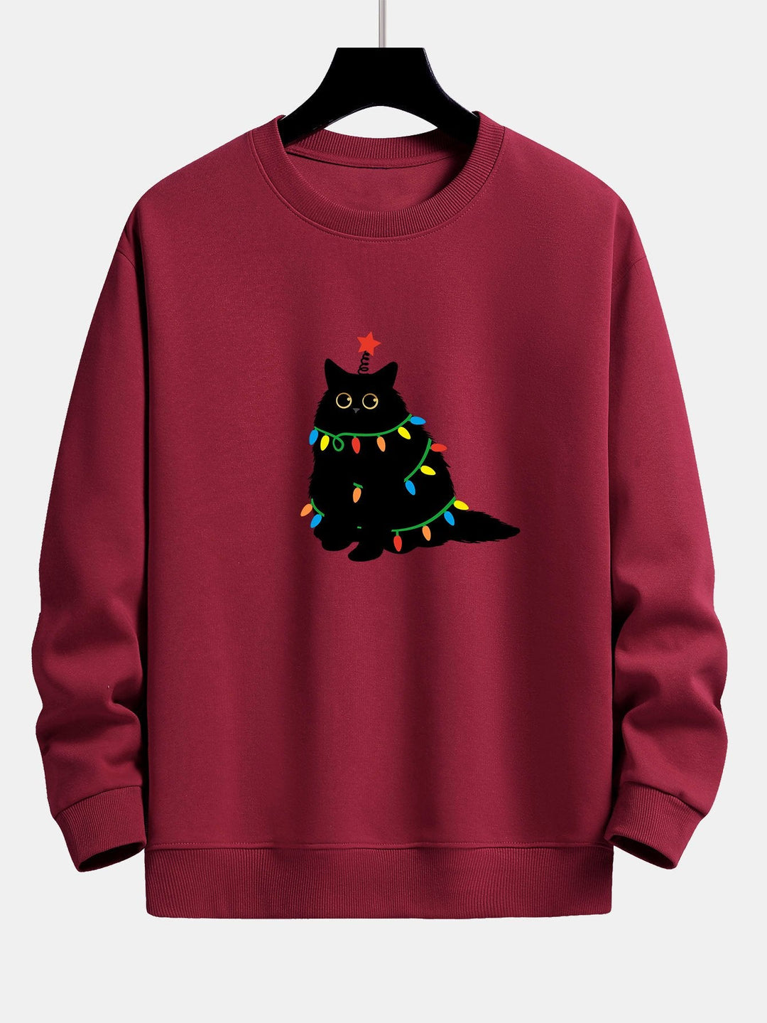 Christmas Lights Black Cat Print Relax Fit Sweatshirt