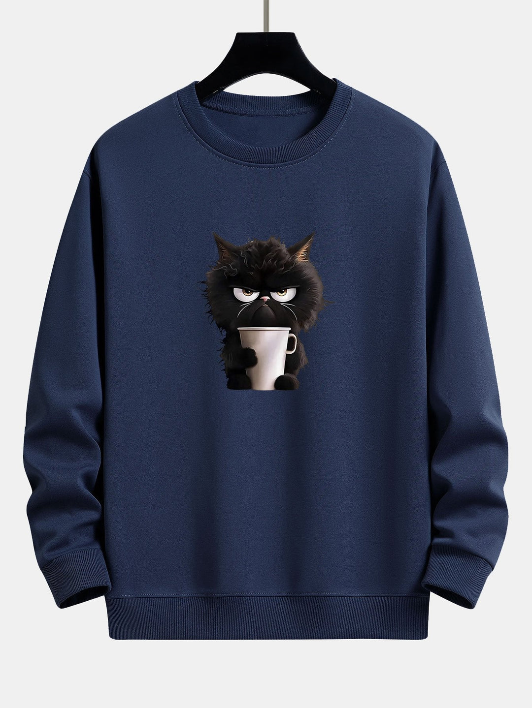 Black Cat Drinking Coffee Print Relax Fit Sweatshirt