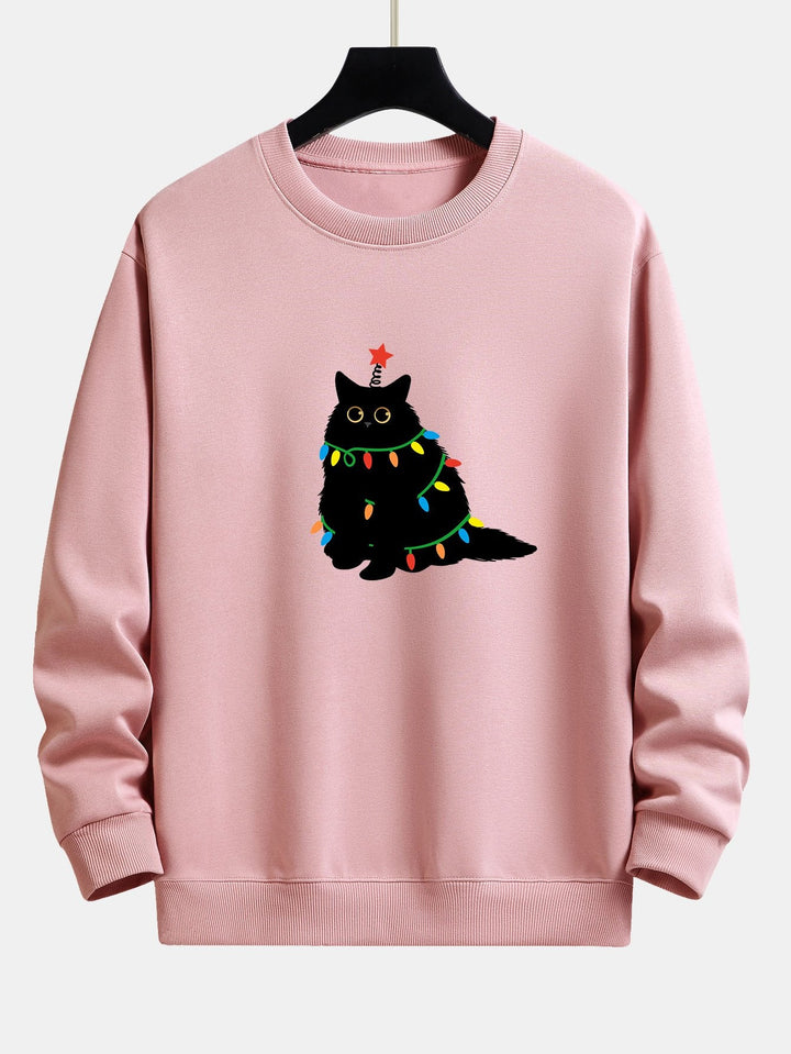 Christmas Lights Black Cat Print Relax Fit Sweatshirt