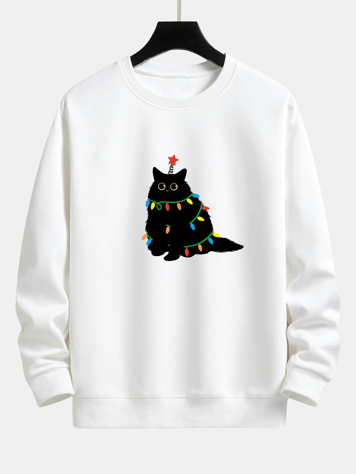 Christmas Lights Black Cat Print Relax Fit Sweatshirt