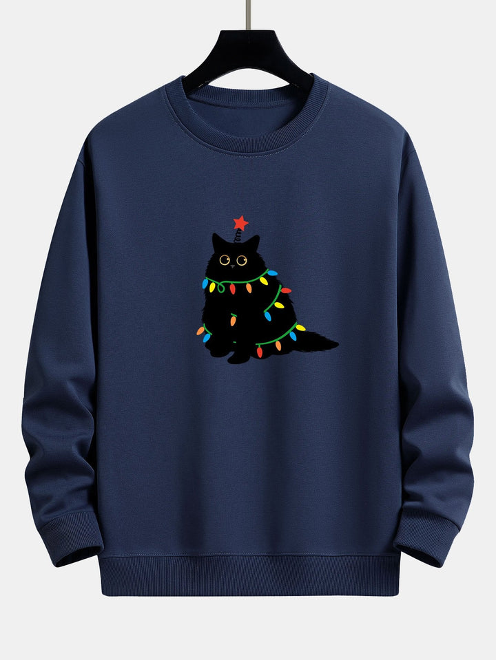 Christmas Lights Black Cat Print Relax Fit Sweatshirt