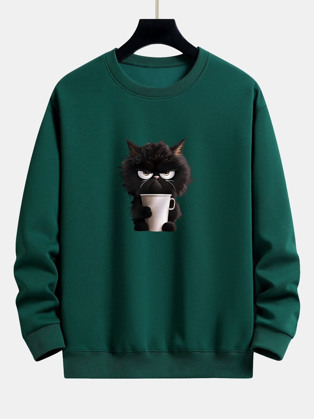 Black Cat Drinking Coffee Print Relax Fit Sweatshirt