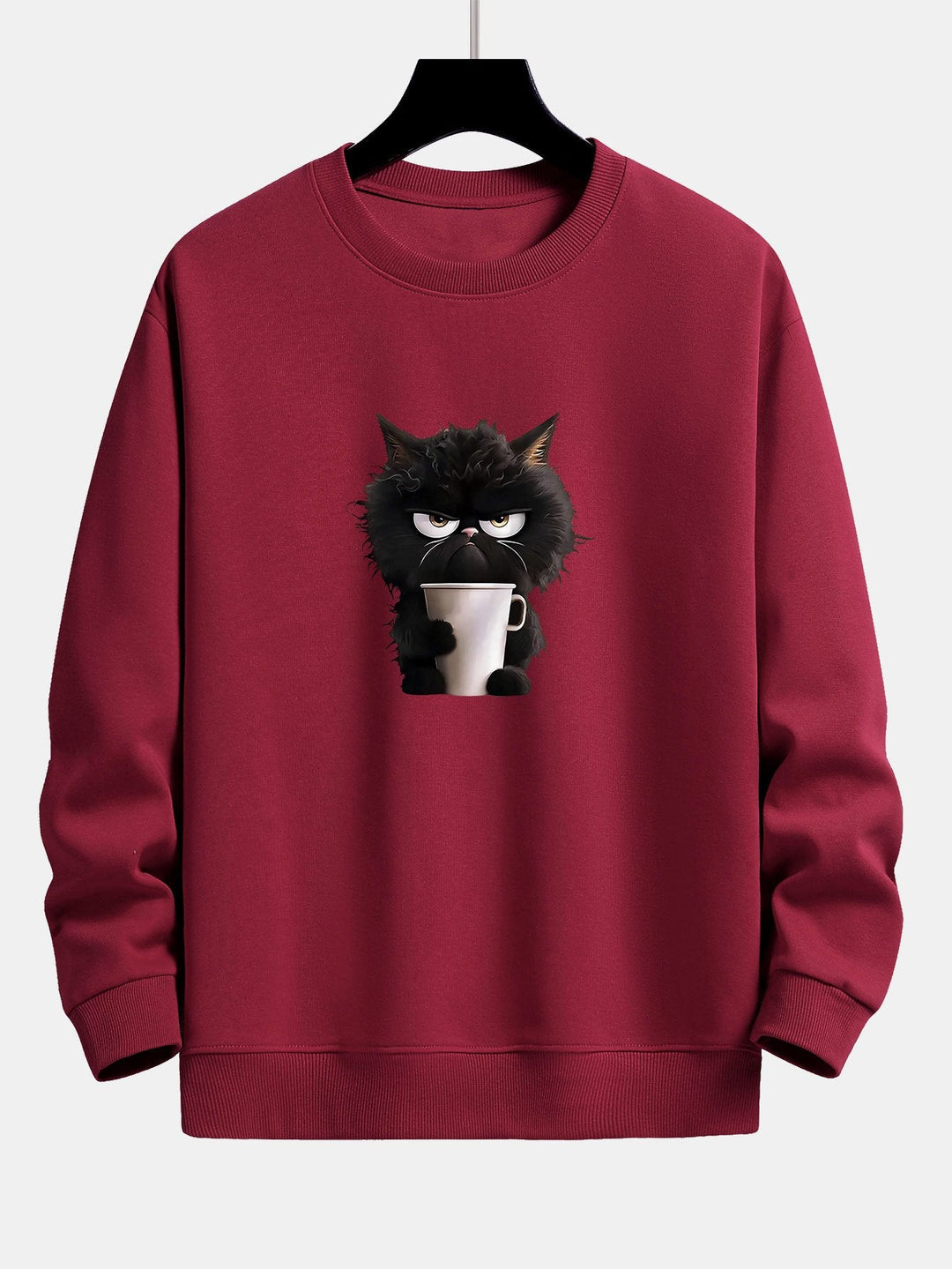 Black Cat Drinking Coffee Print Relax Fit Sweatshirt