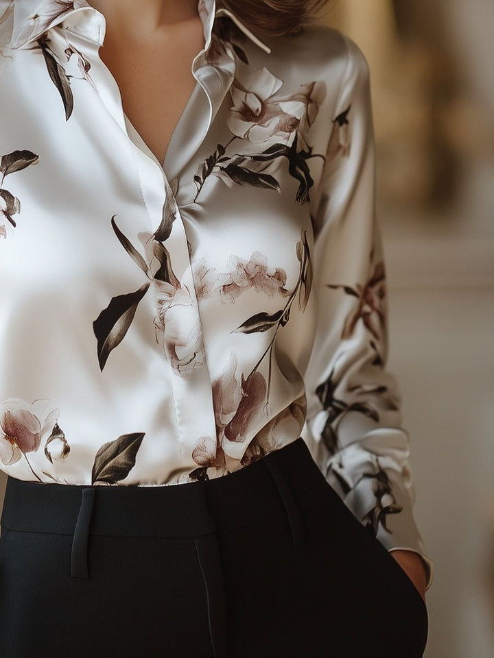 Modern Satin Printed Blouse with Magnolia Pattern - Elegant & Stylish Women's Top