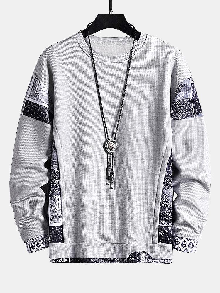 Paisley Print Panel Waffle Sweatshirt